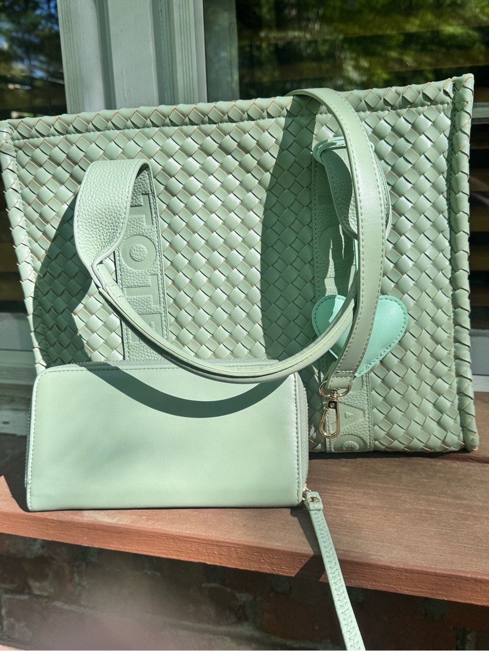 Ello Mint Woven Vegan Leather Tote Set | Wallet + Strap + Heart Charm | NWT